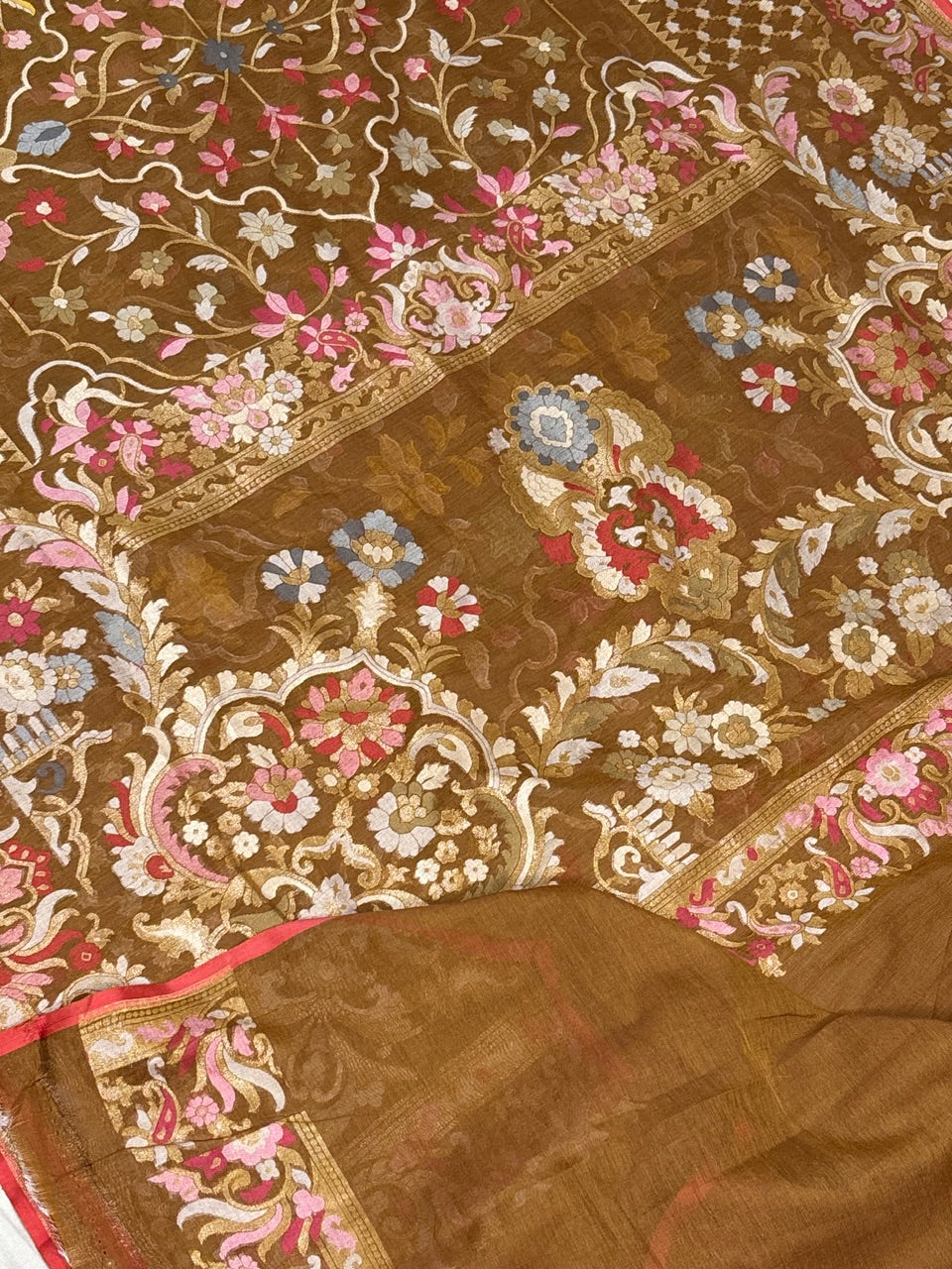 Gold Brown Banarasi cotton Jamdani handloom Saree