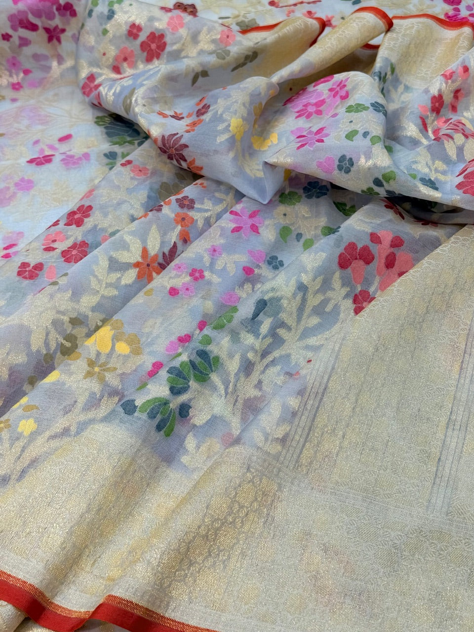 sea Blue Banarasi Kora Jamdani Silk Handwoven Saree