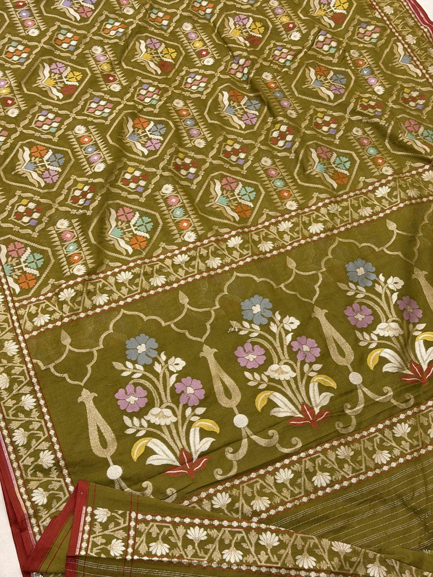 Mehndi Green Pure Muslin Cotton Jamdani Silk Saree