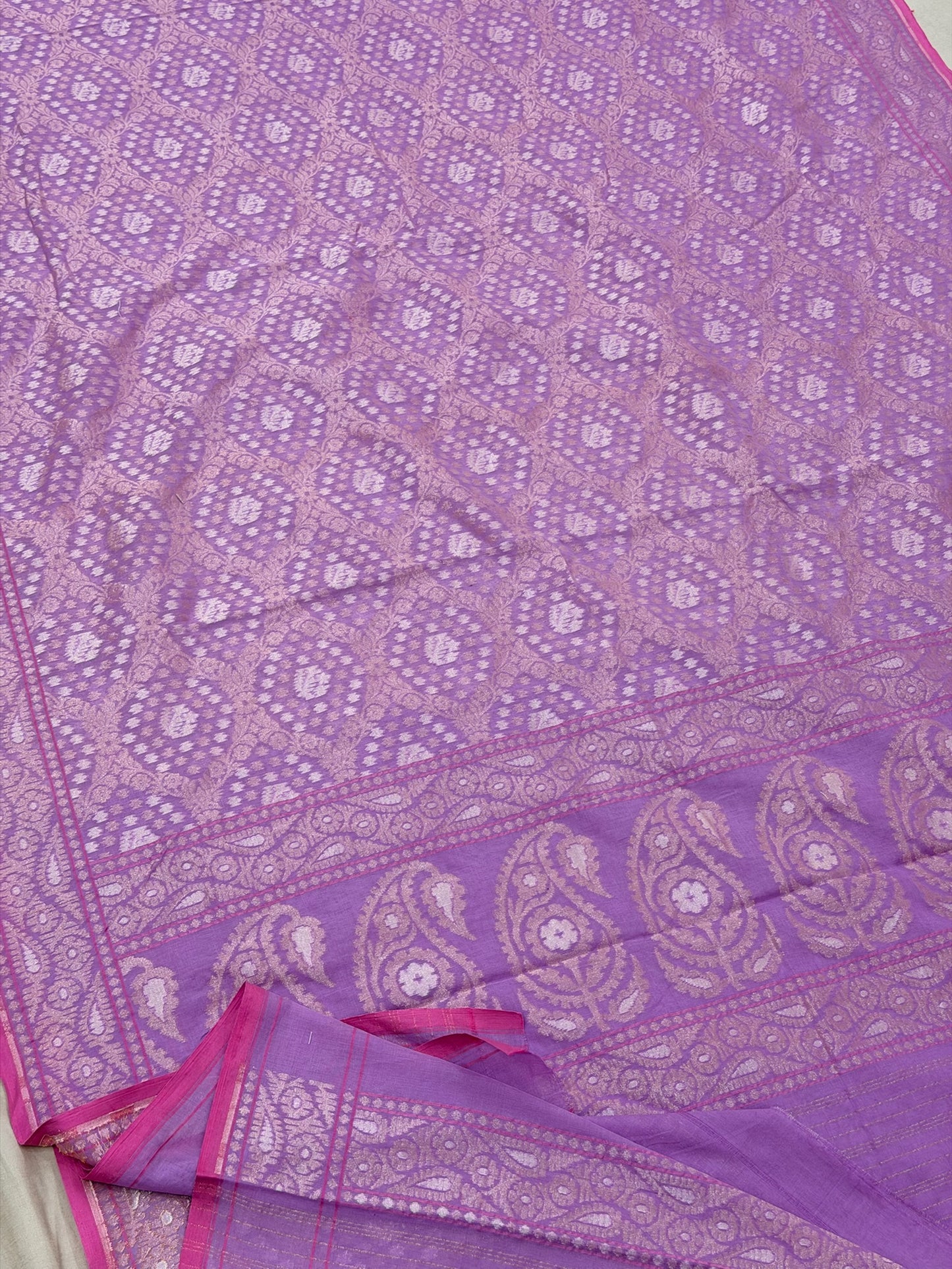 Lavender Pure Muslin Cotton Jamdani Silk Saree
