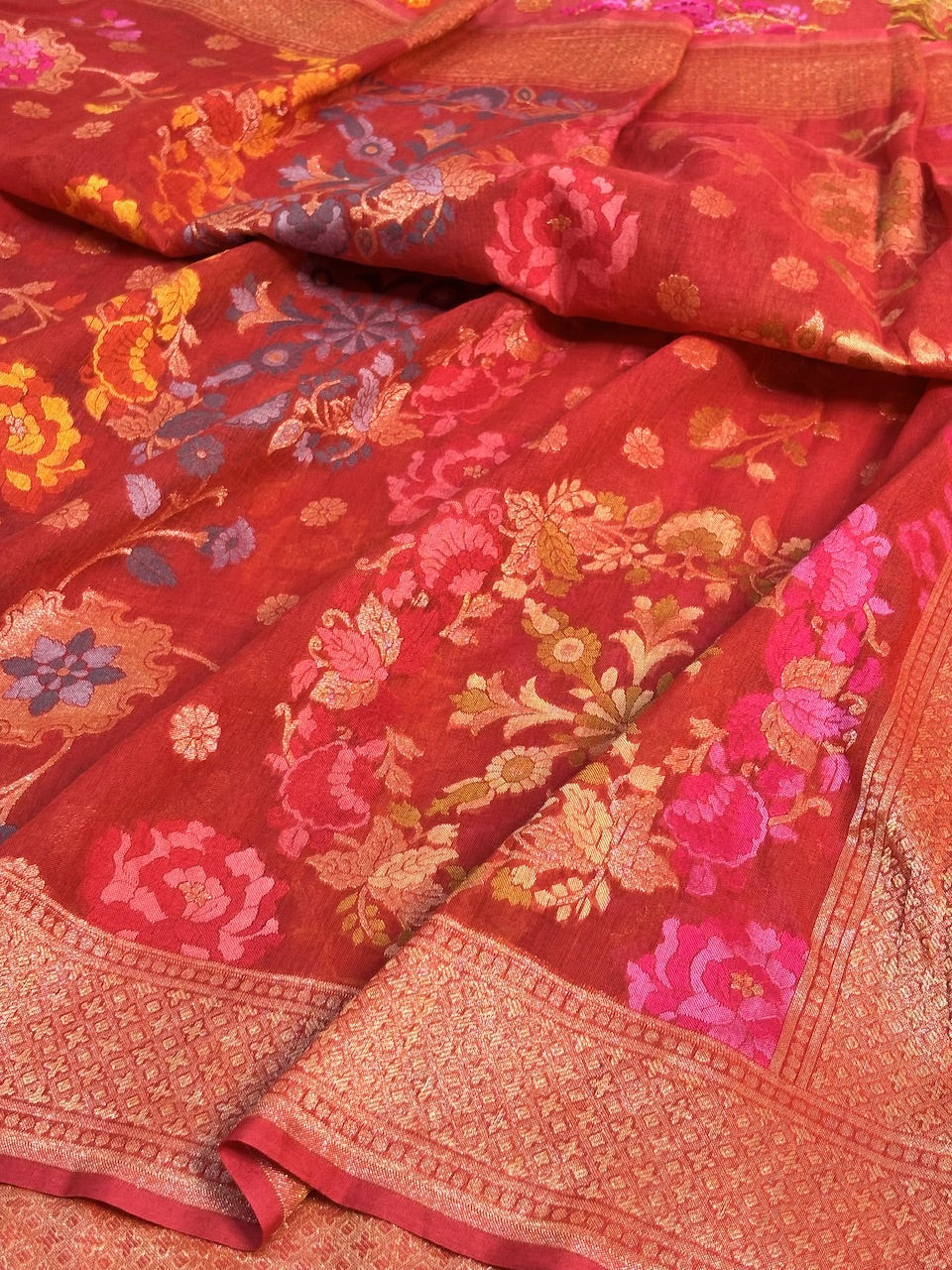 Red Banarasi cotton Jamdani handloom Saree