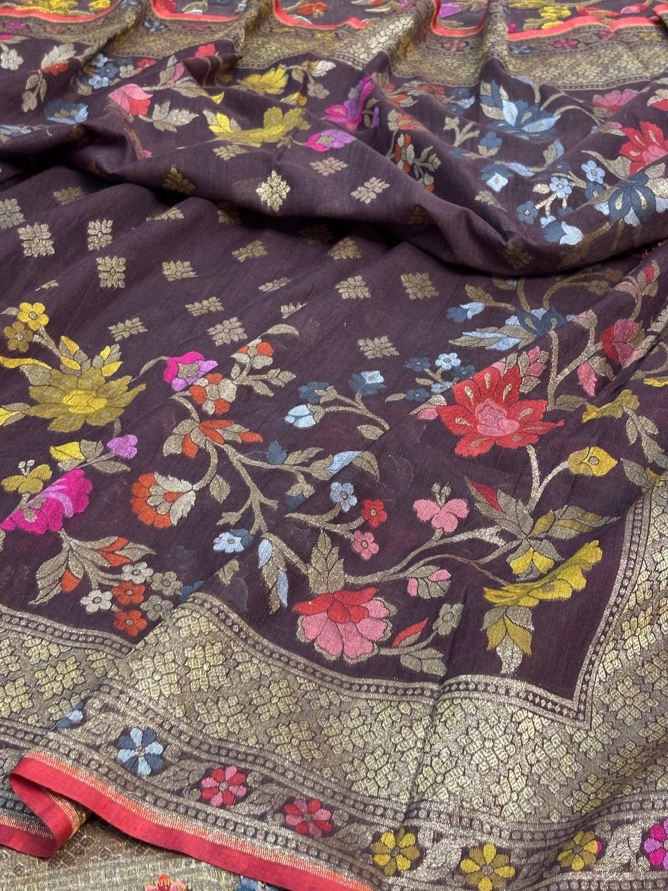 Brown Banarasi cotton Jamdani handloom Saree