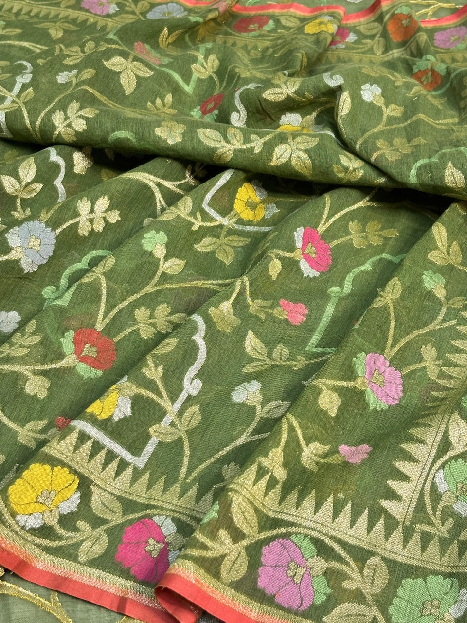 Olive Green Banarasi cotton Jamdani handloom Saree