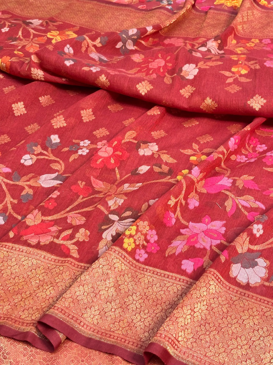 Red Banarasi cotton Jamdani handloom Saree