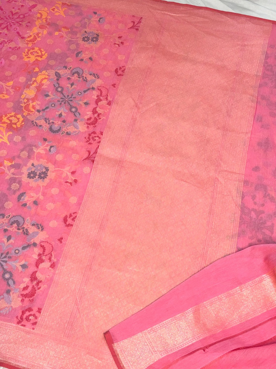Rose Pink Banarasi cotton Jamdani handloom Saree