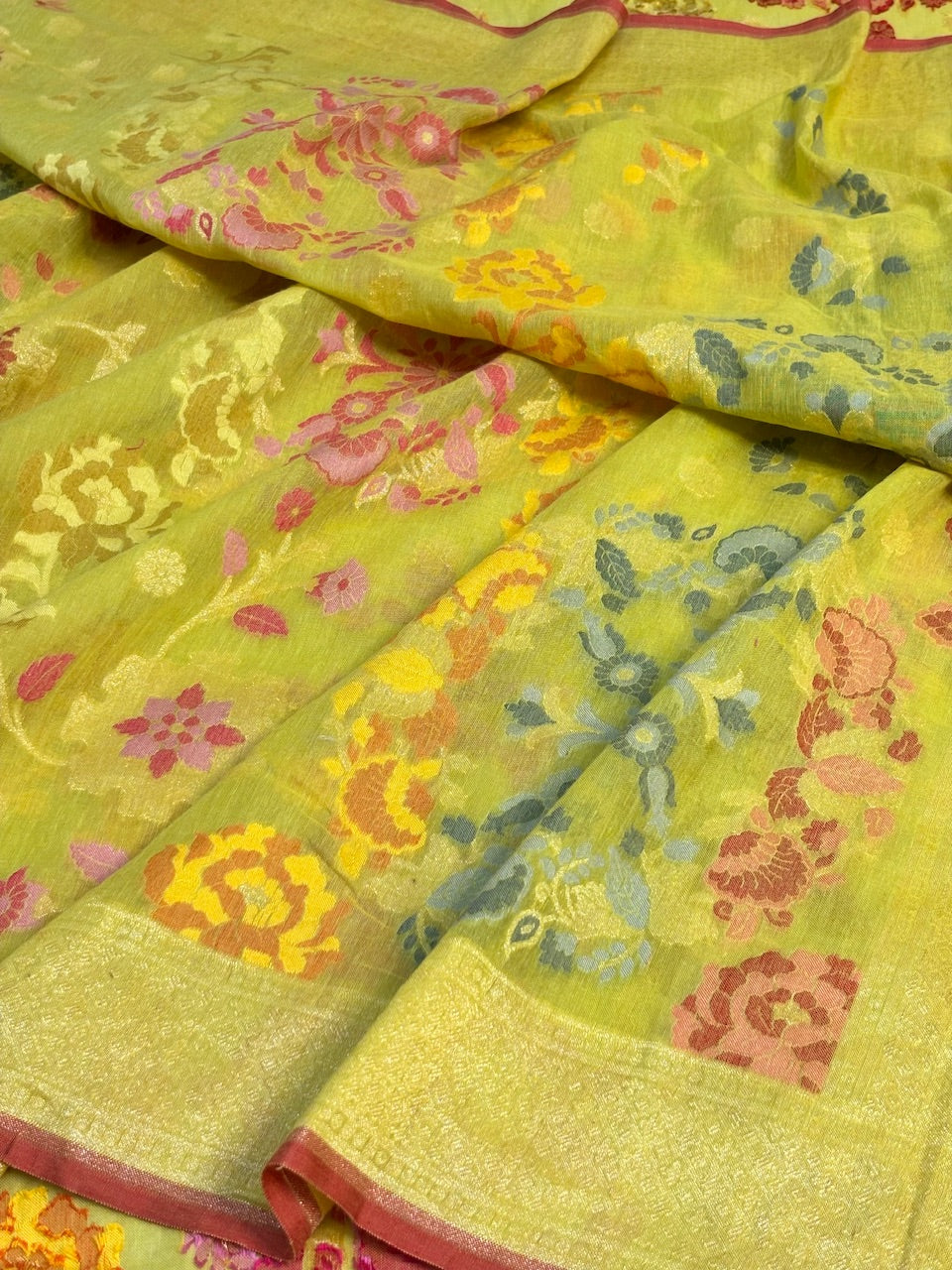 Light Yellow Green Banarasi cotton Jamdani handloom Saree