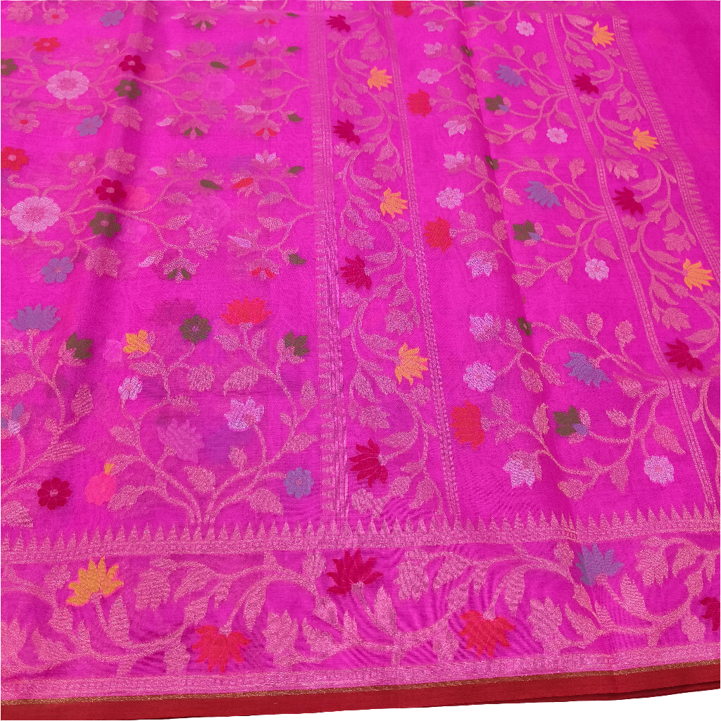 Dark pink pure kora silk ektara tilfi jamdani cutwork jaal banarasi saree