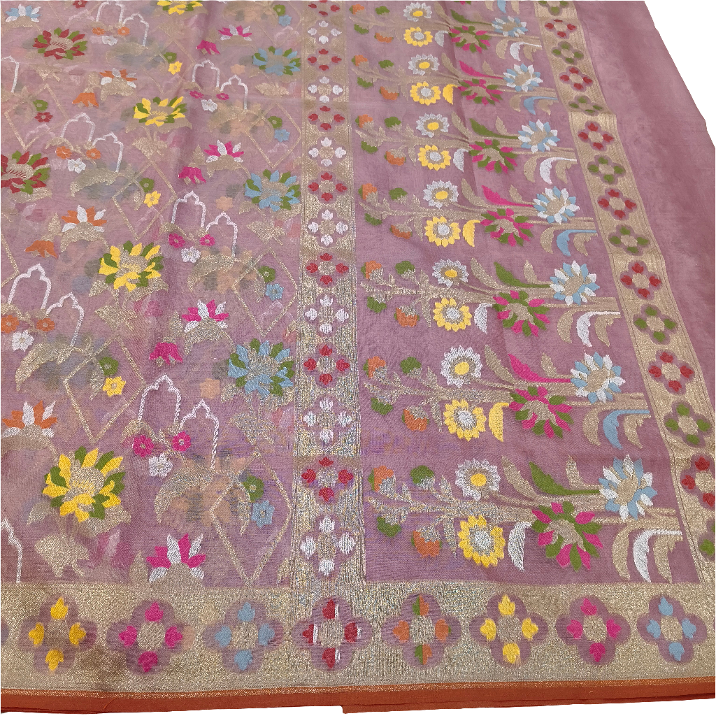 Dusty pink kora silk ektara tilfi jamdani cutwork banarasi saree