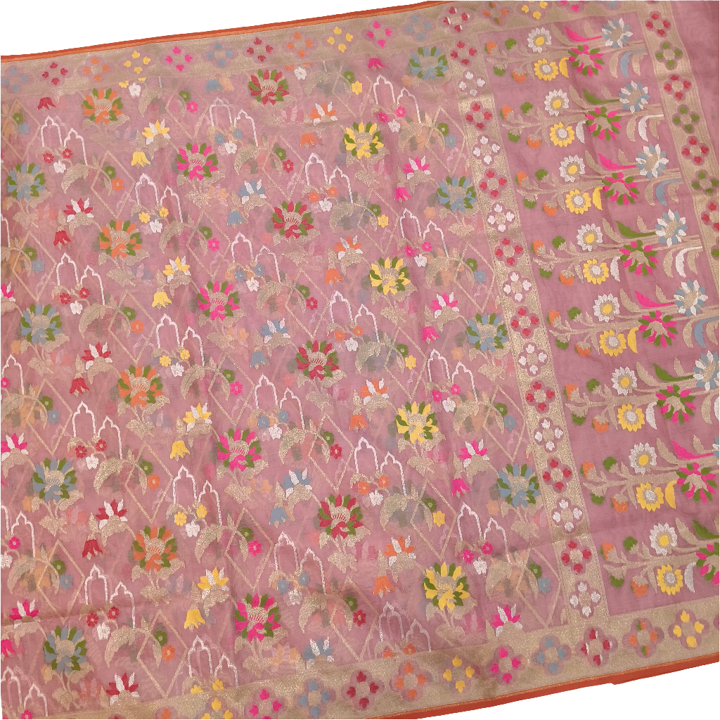 Dusty pink kora silk ektara tilfi jamdani cutwork banarasi saree