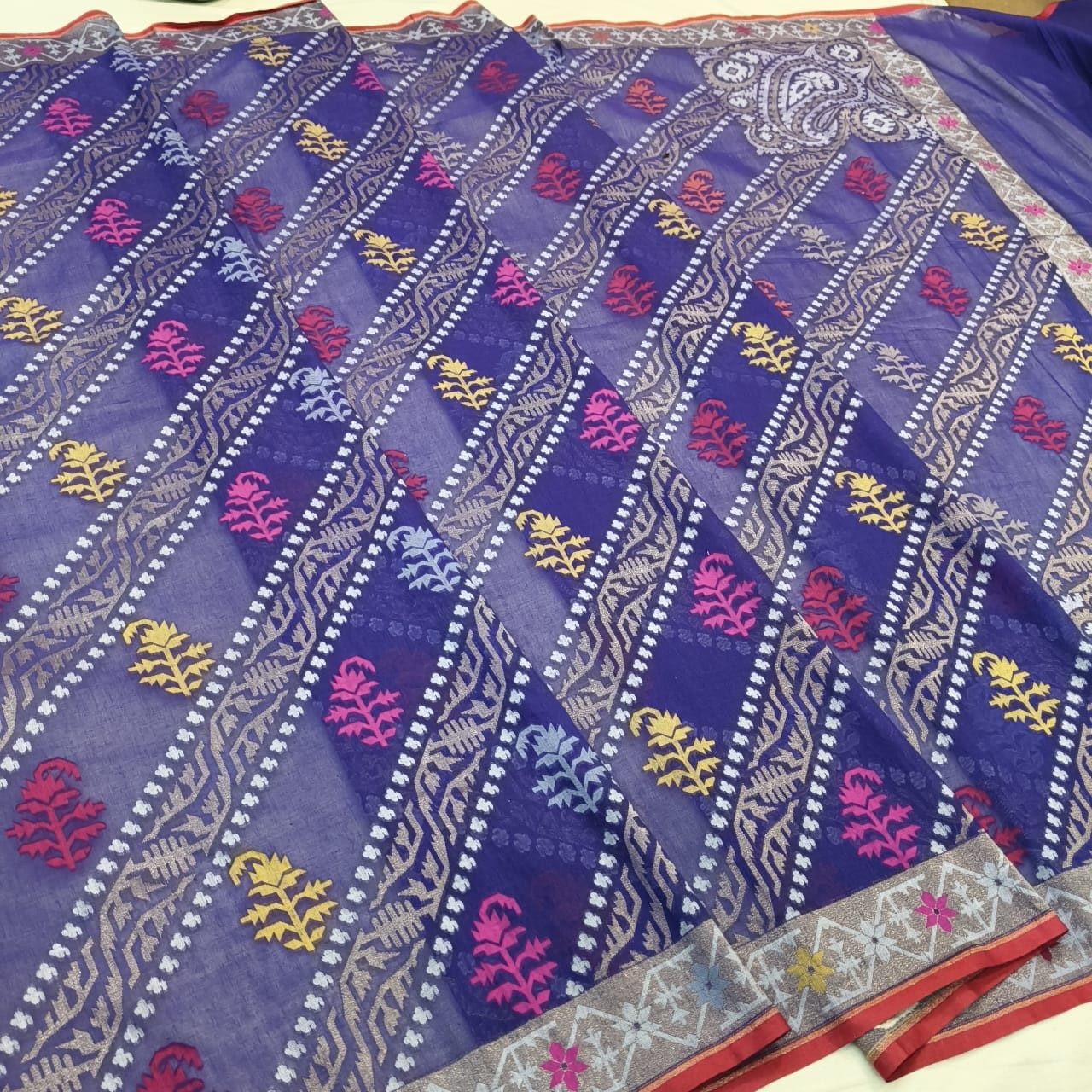 Pure Cotton Ektara Tilfi Cutwork Jamdani Banarasi Saree