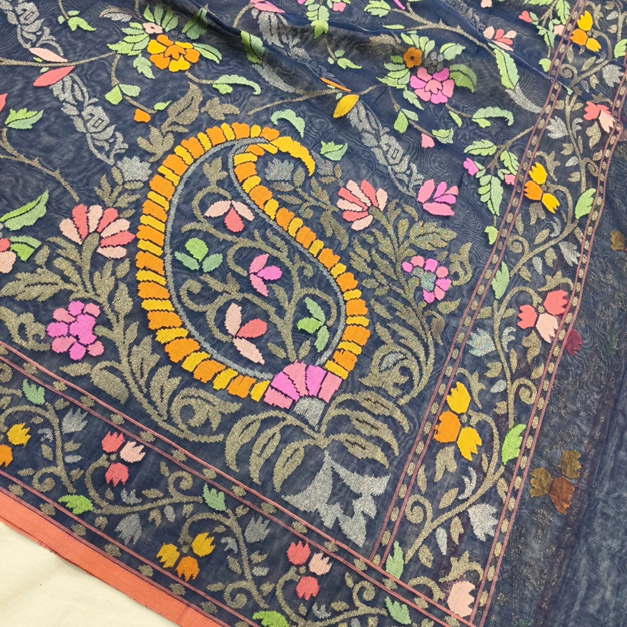 Navy blue Realzari pure cotton ektara jamdani exclusive banarasi saree