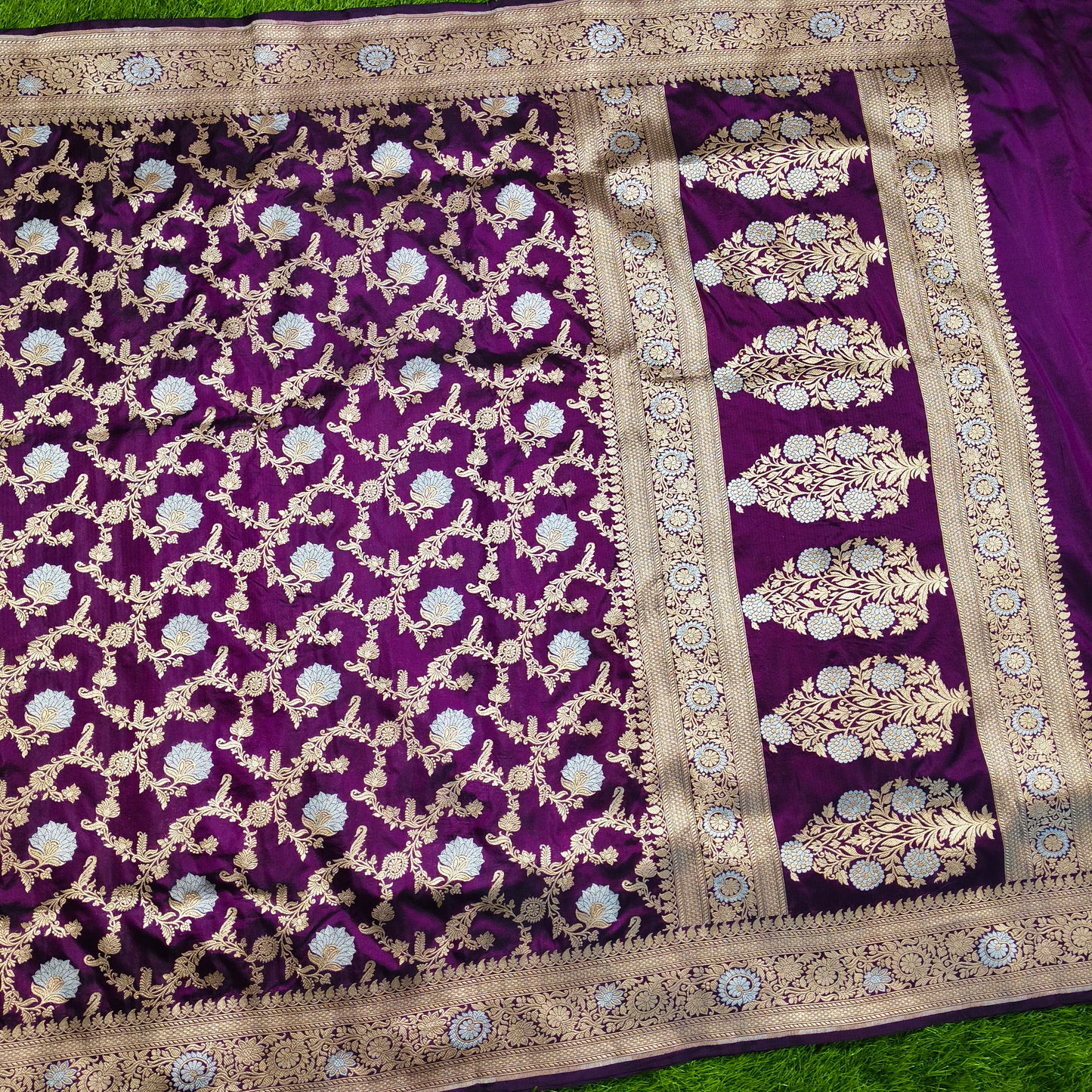 Purple pure katan silk handloom cutwork jaal banarasi saree