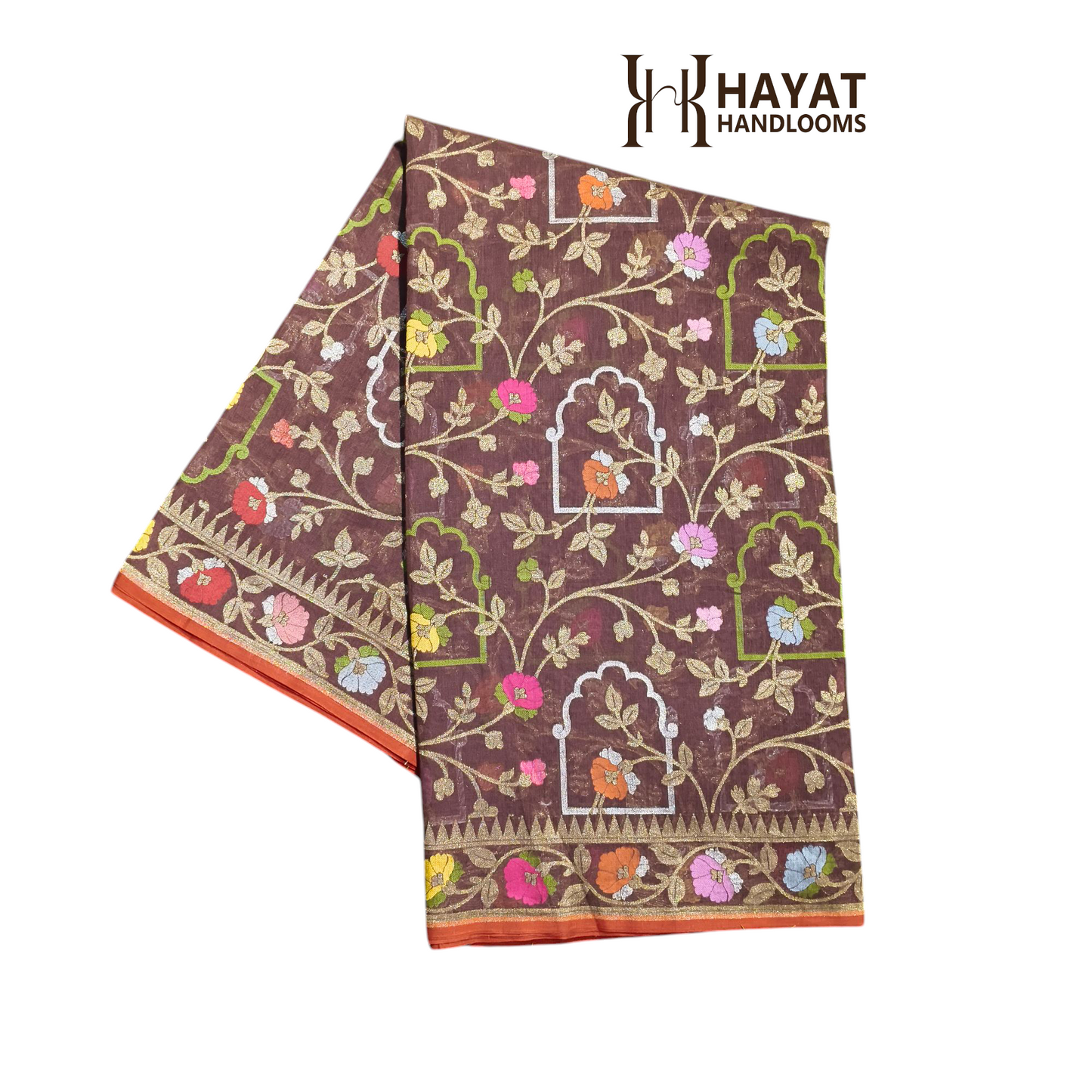 Brown pure cotton ektara tilfi jamdani cutwork jaal banarasi saree