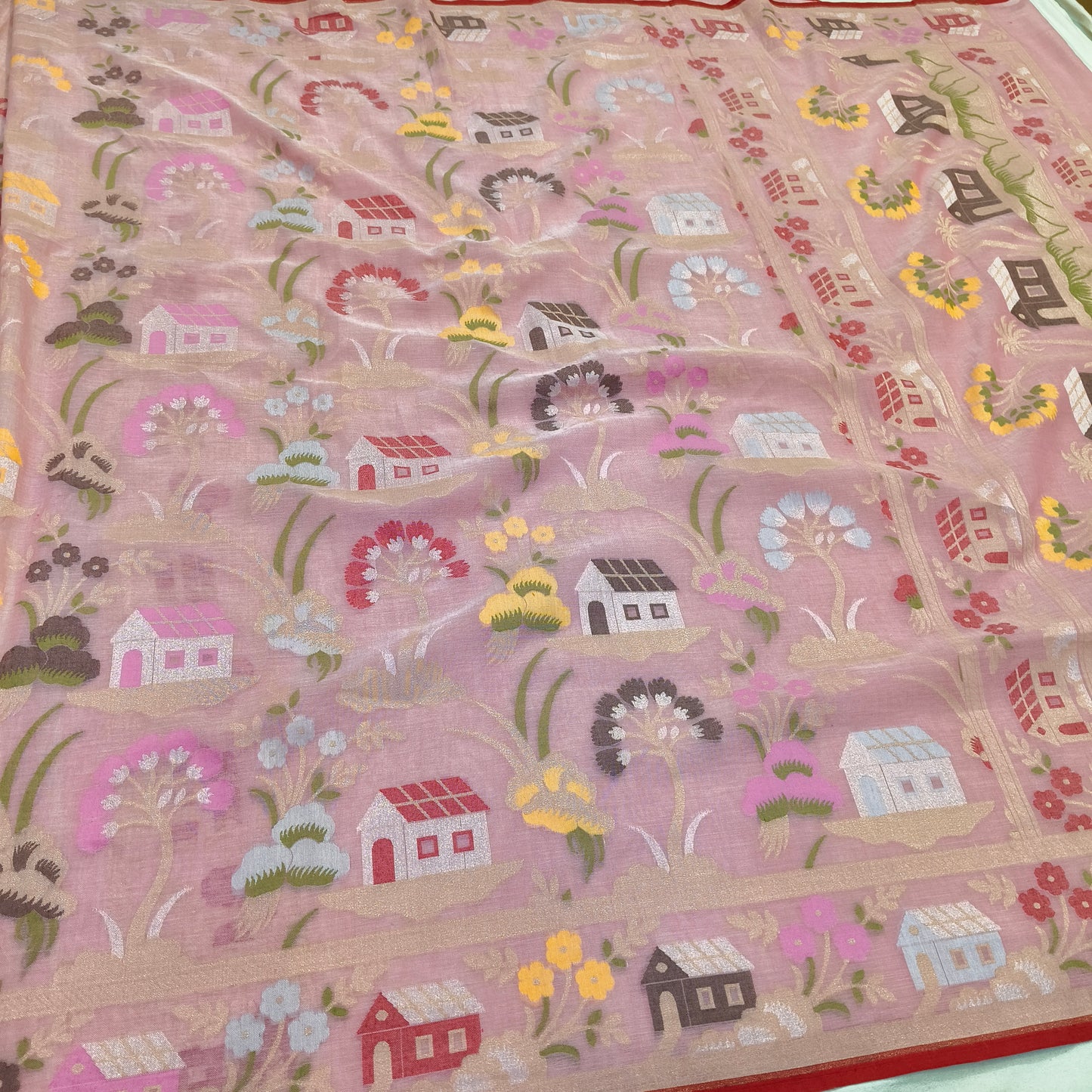 Pure Cotton Ektara Tilfi Cutwork Jamdani Banarasi Saree