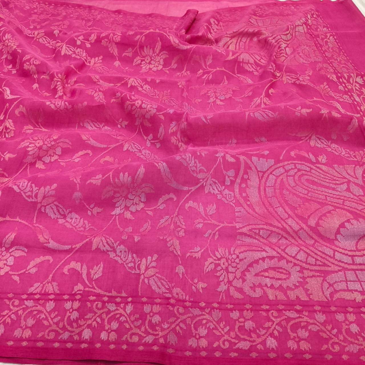 pink Realzari pure cotton ektara jamdani exclusive banarasi saree