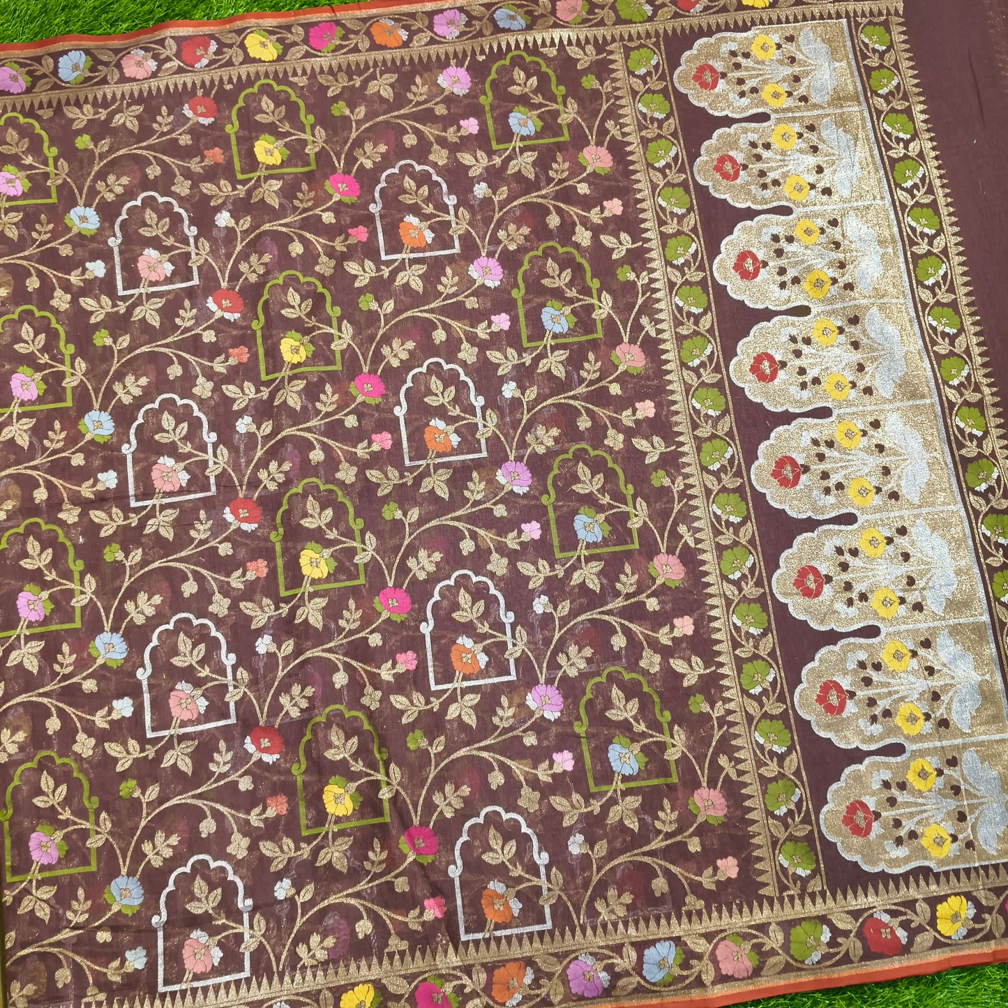 Brown pure cotton ektara tilfi jamdani cutwork jaal banarasi saree