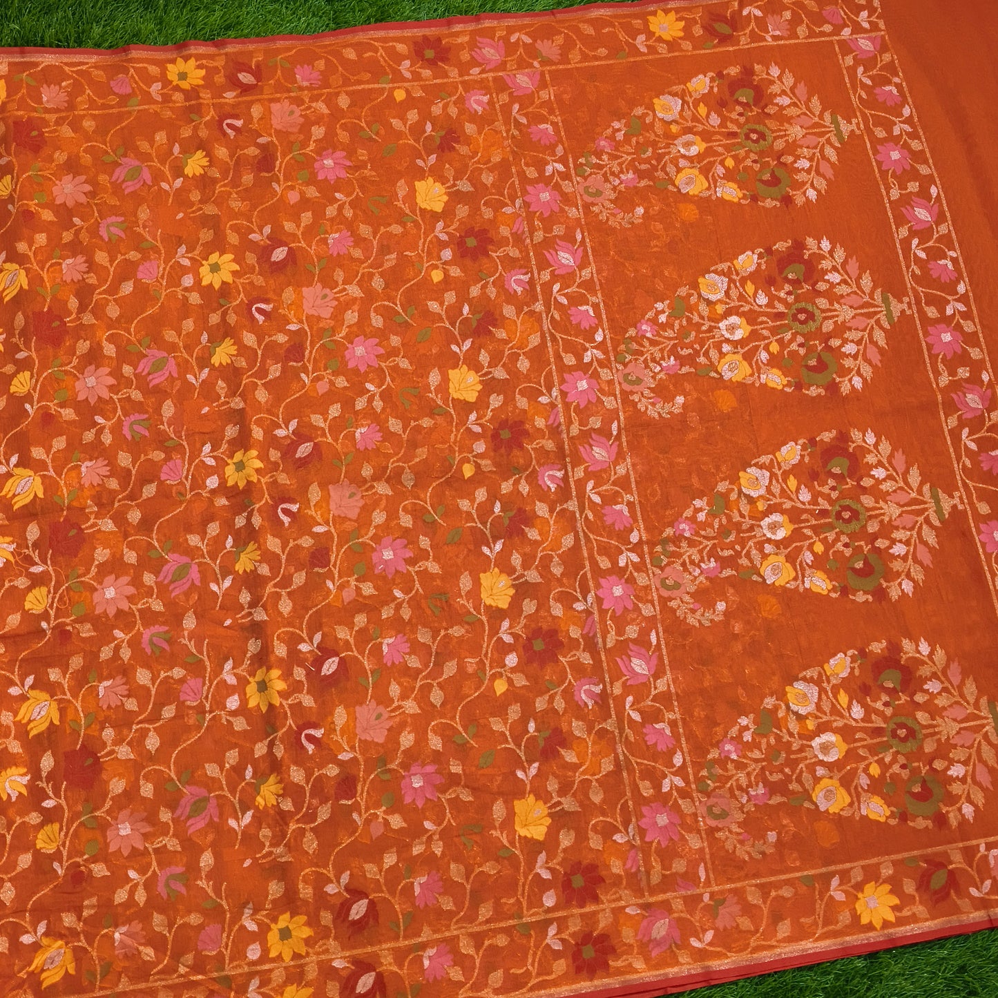 Orange Pure cotton ektara tilfi jamdani cutwork jaal banarasi saree