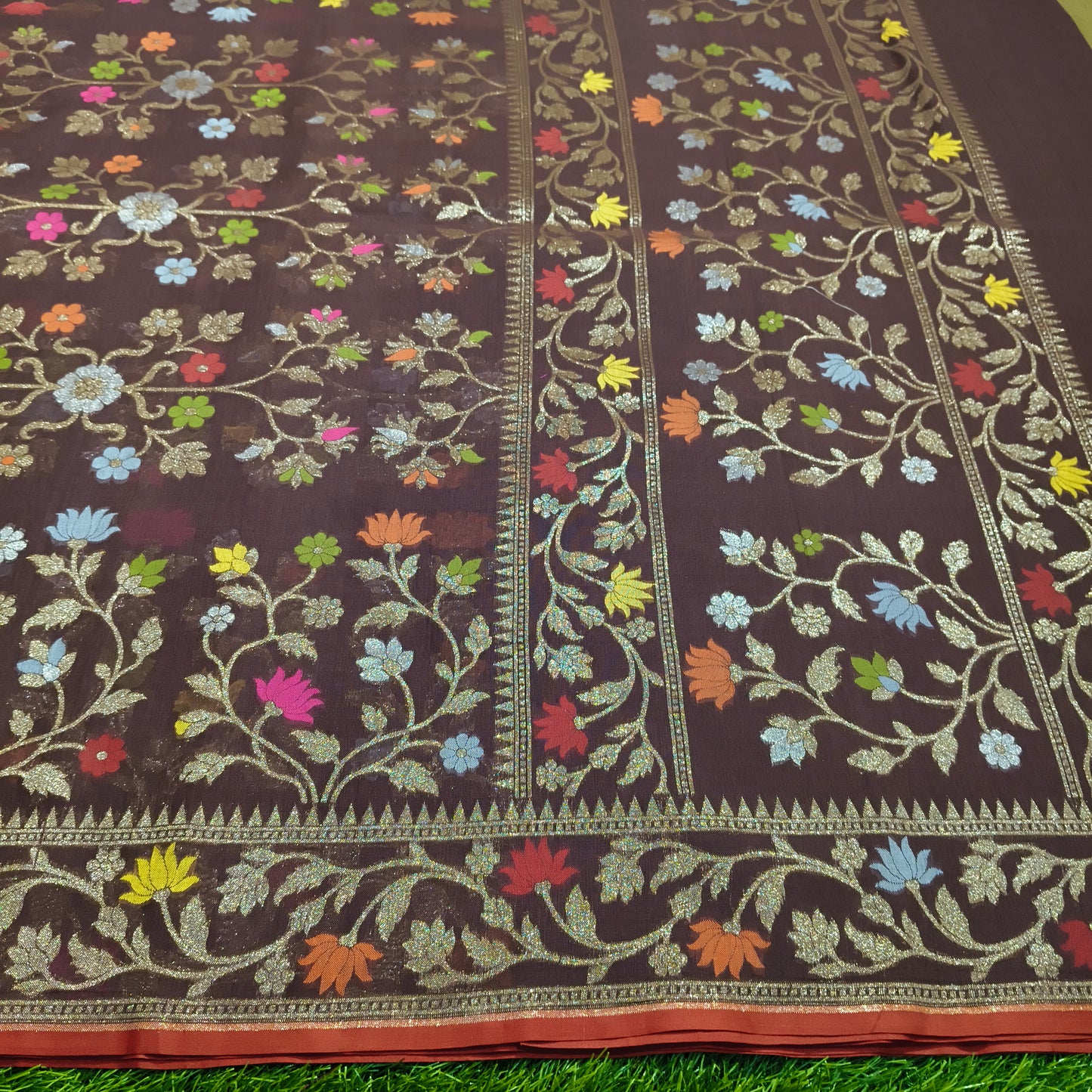 Brown pure cotton ektara tilfi jamdani cutwork jaal banarasi saree