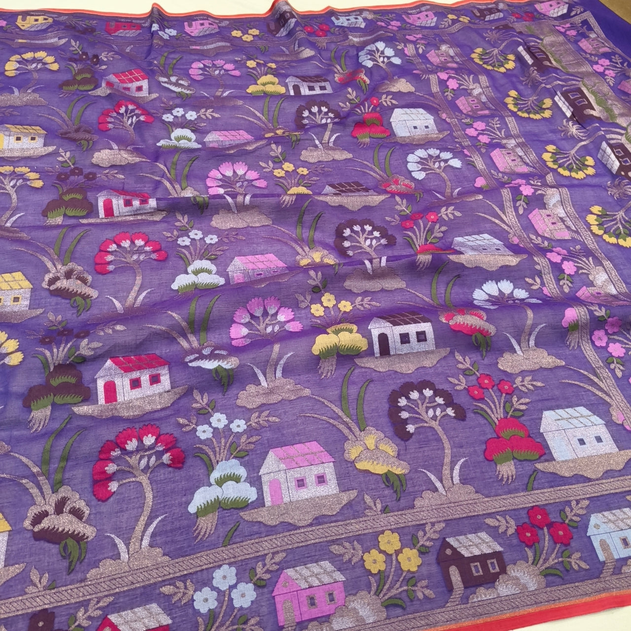 Pure Cotton Ektara Tilfi Cutwork Jamdani Banarasi Sare
