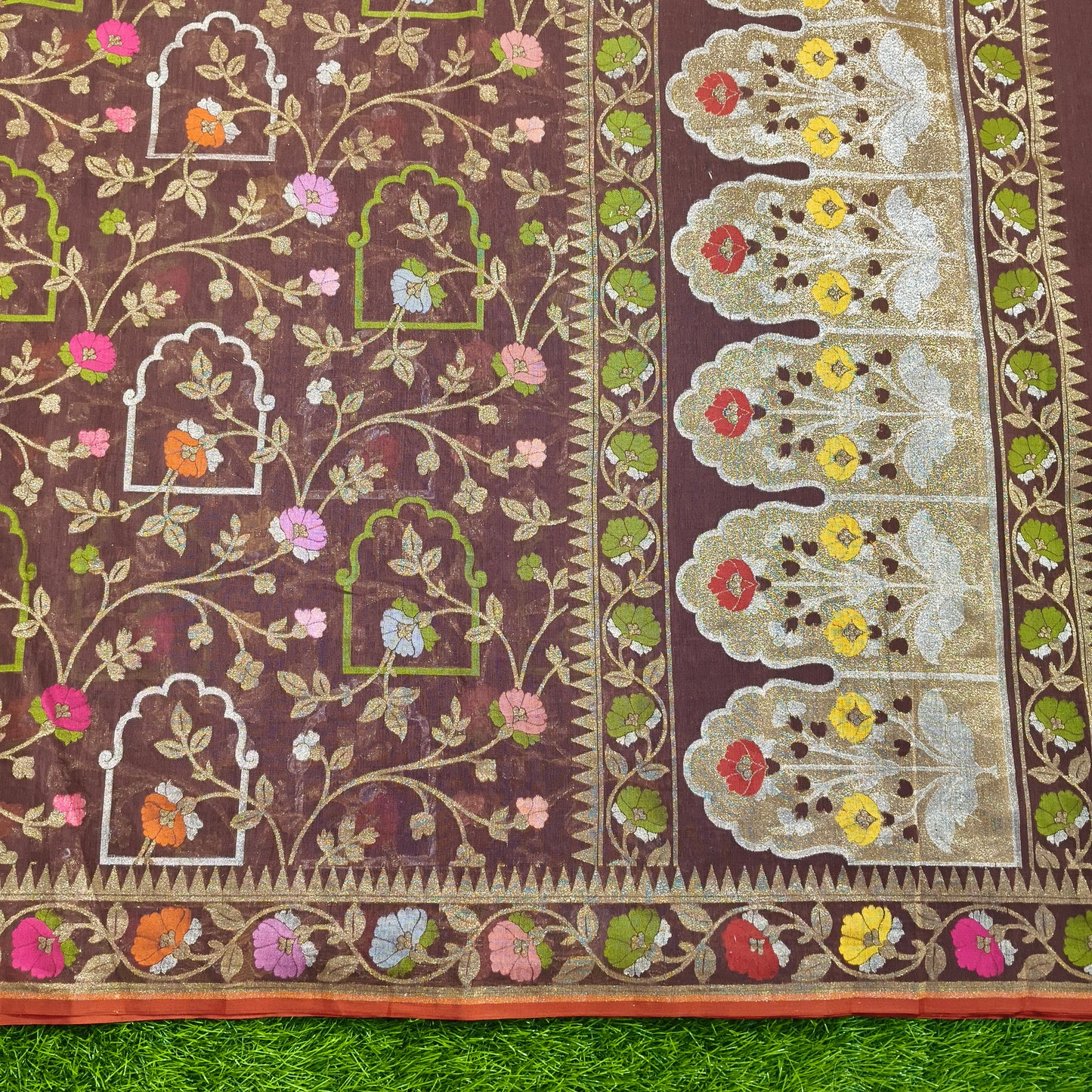 Brown pure cotton ektara tilfi jamdani cutwork jaal banarasi saree