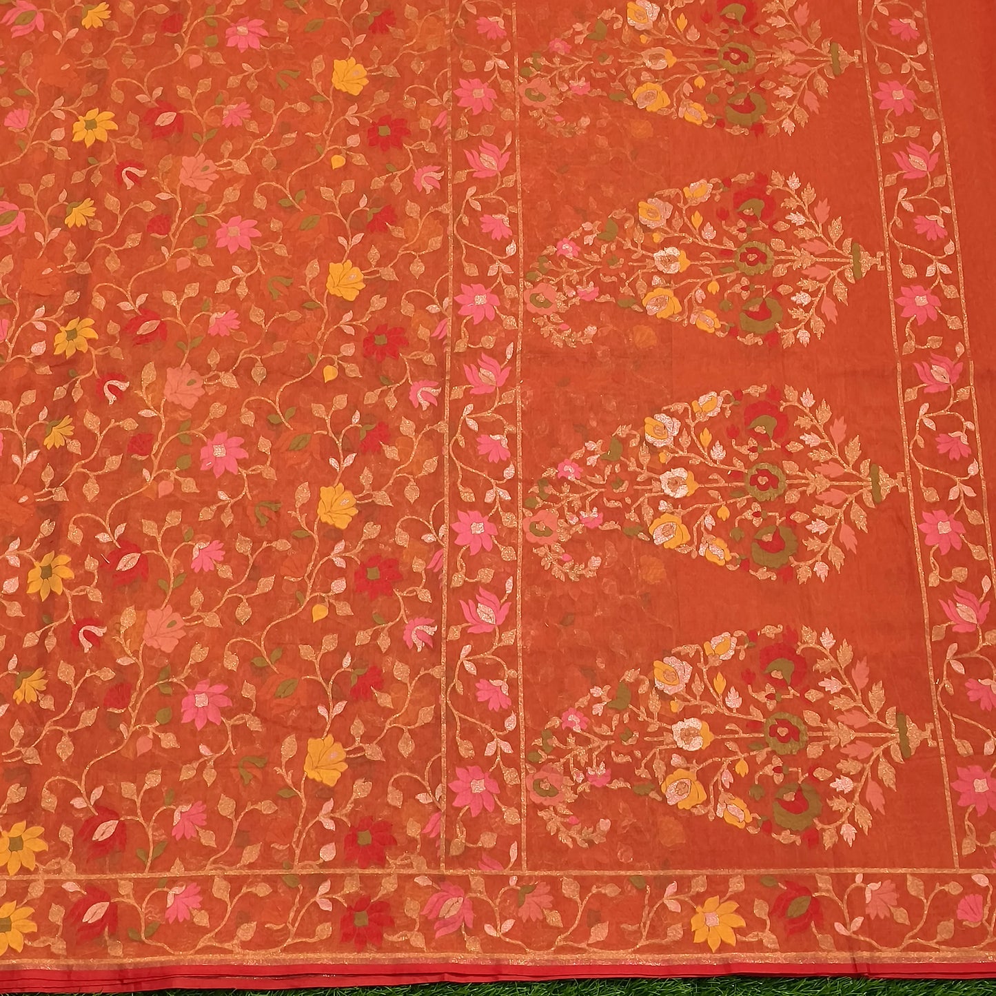 Orange Pure cotton ektara tilfi jamdani cutwork jaal banarasi saree