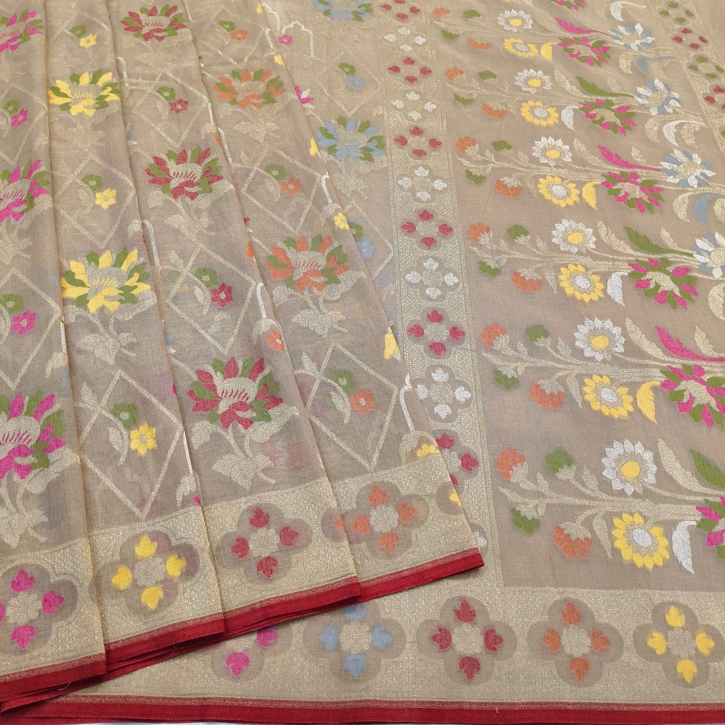 Pure Cotton Ektara Tilfi Cutwork Jamdani Banarasi Saree