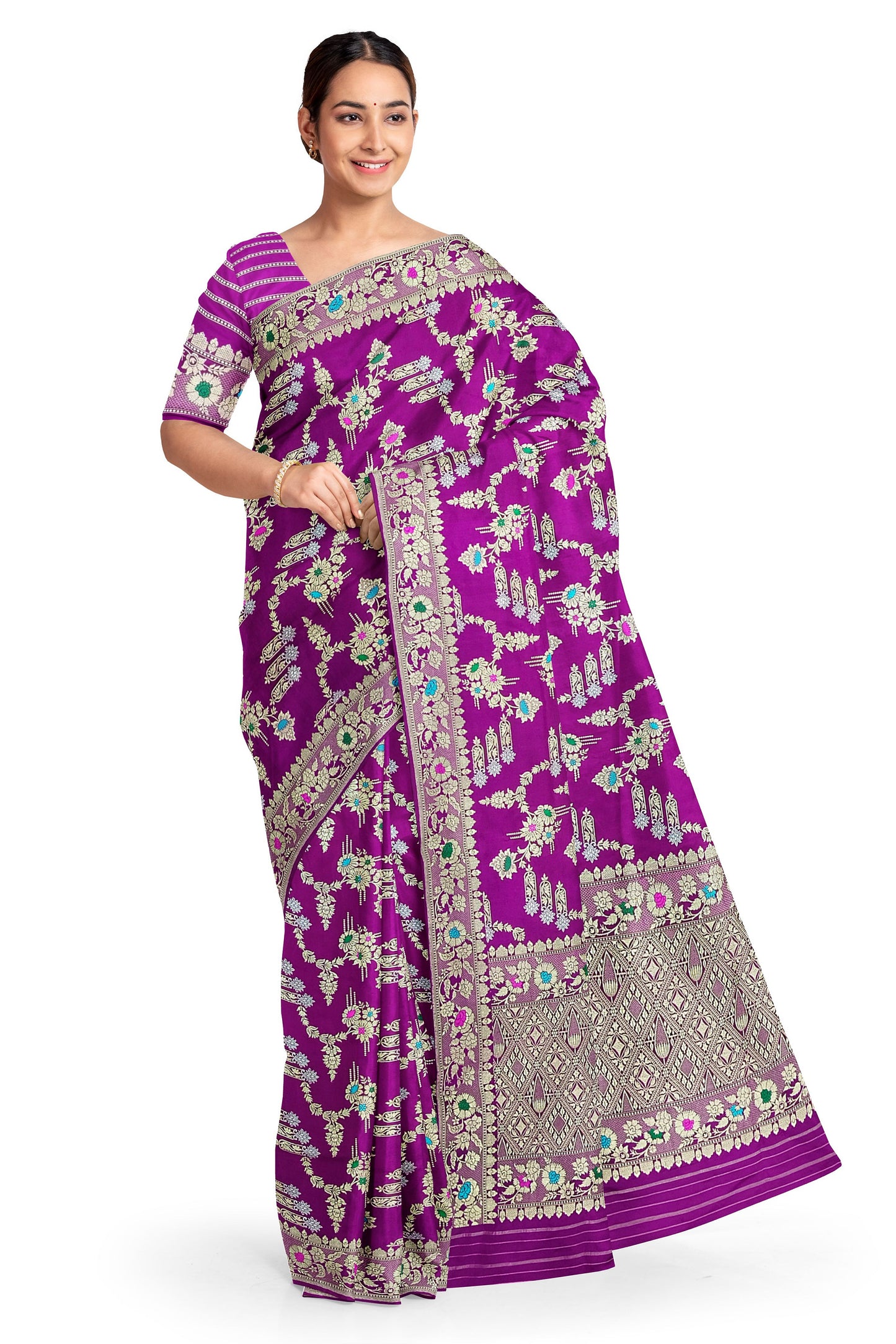Majenta Pure katan silk handvowen kadwa jaal banarasi saree