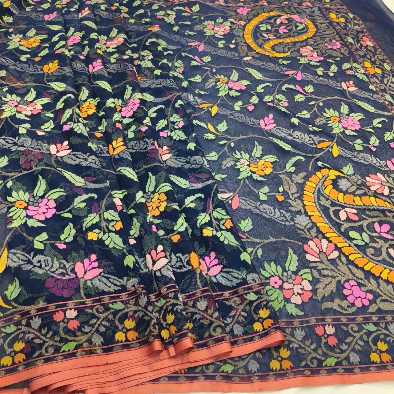 Navy blue Realzari pure cotton ektara jamdani exclusive banarasi saree