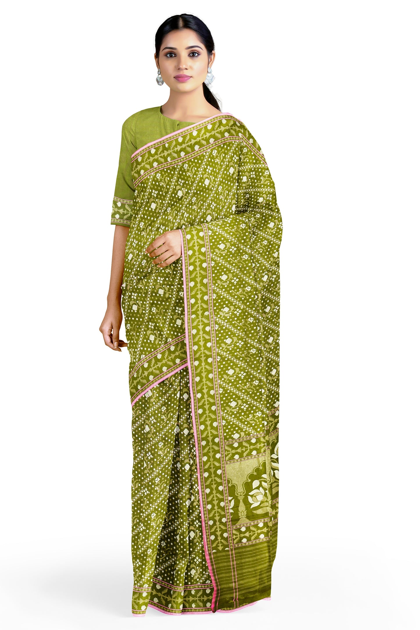 Pista Pure Katan Silk Ektara Jamdani