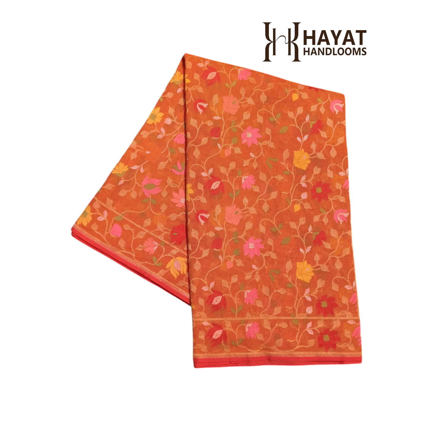 Orange Pure cotton ektara tilfi jamdani cutwork jaal banarasi saree