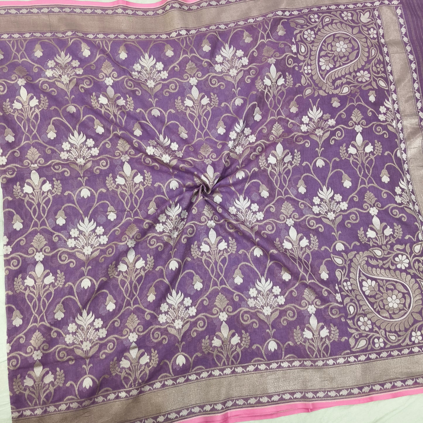 Lavender pure cotton jamdani cutwork jaal banarasi saree