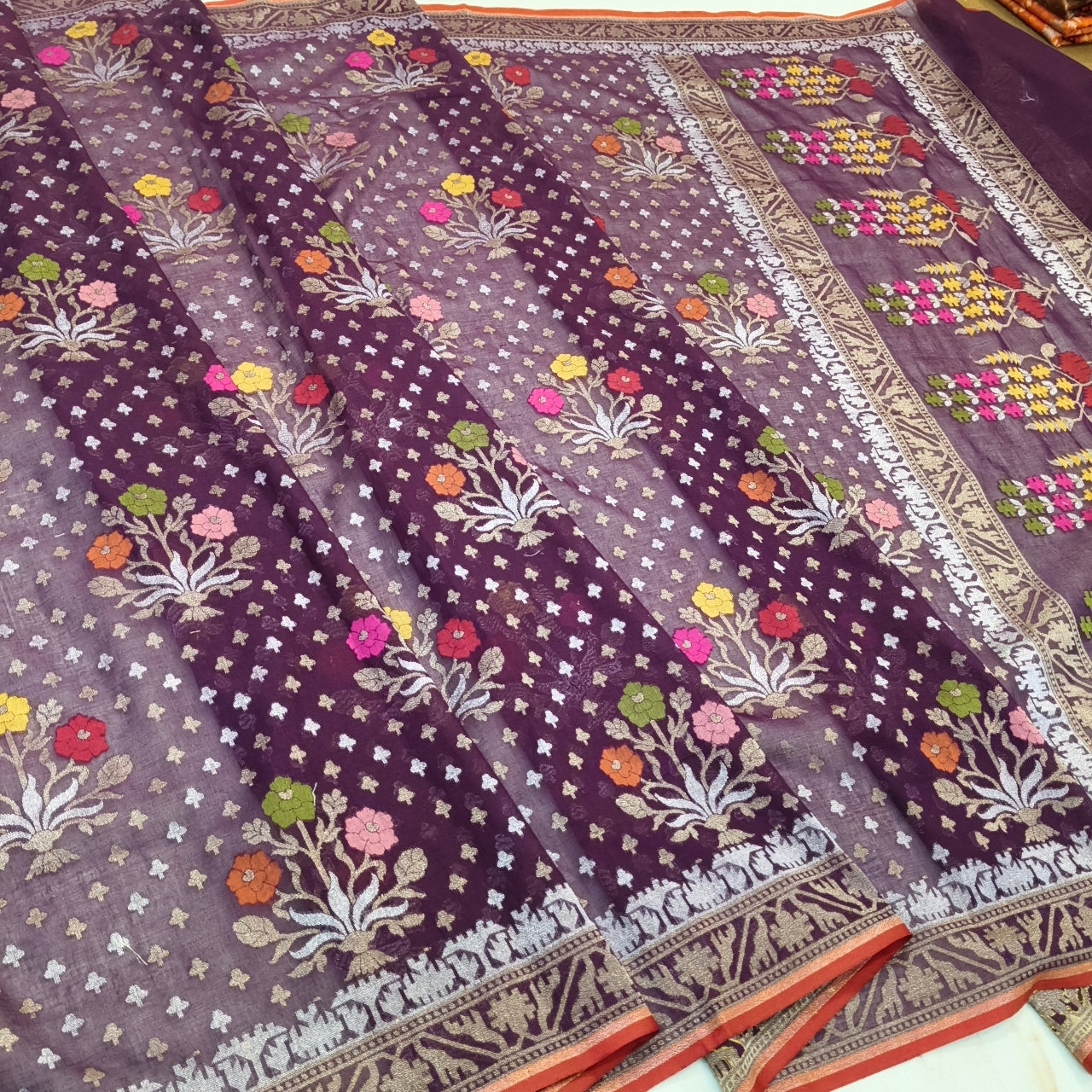 Pure Cotton Ektara Tilfi Cutwork Jamdani Banarasi Saree