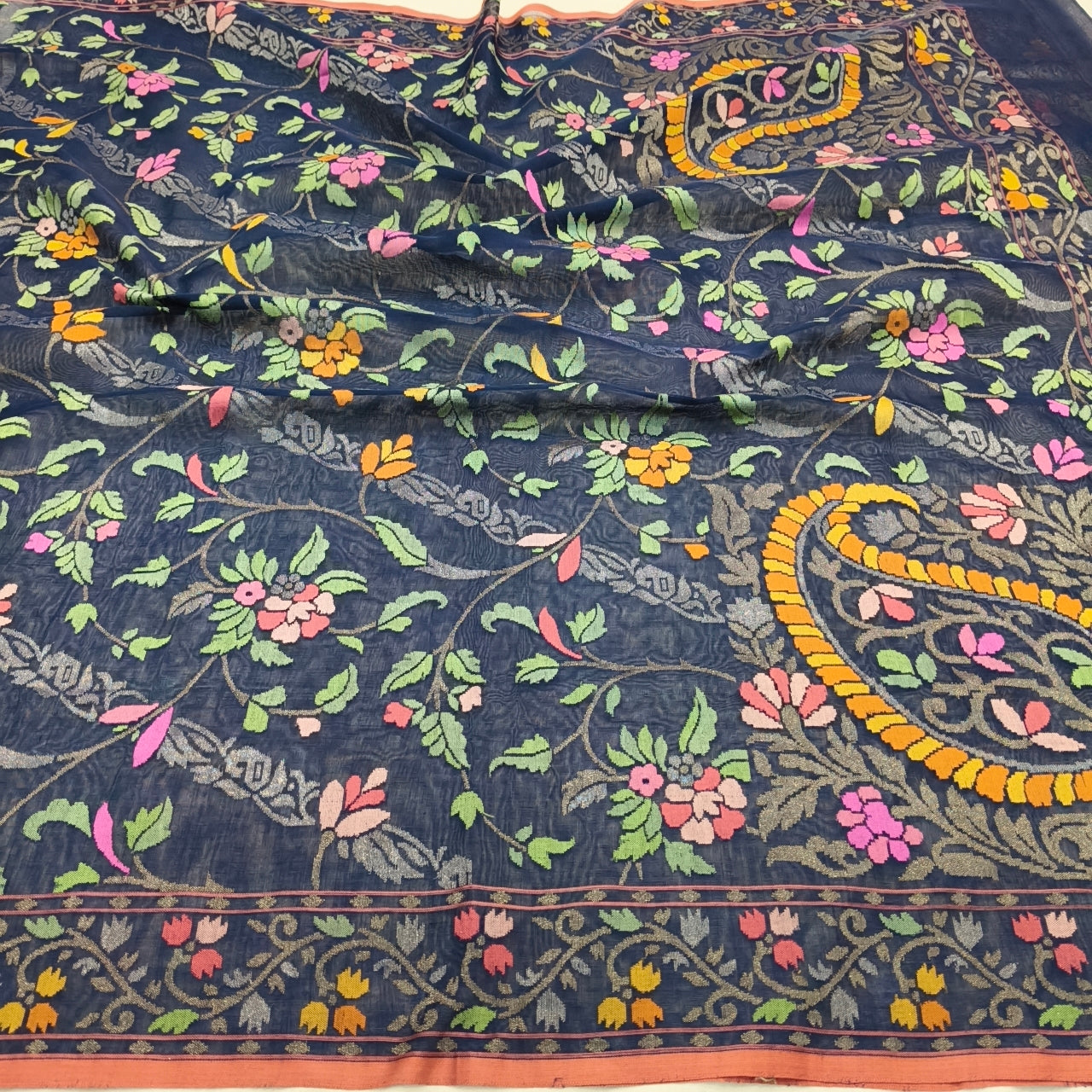 Navy blue Realzari pure cotton ektara jamdani exclusive banarasi saree