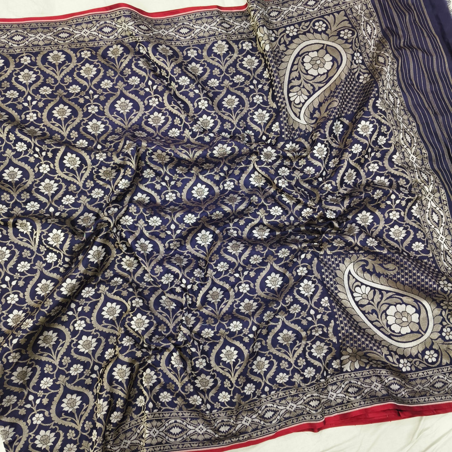 Navy blue pure katan silk ektara jamdani cutwork jaal banarasi saree