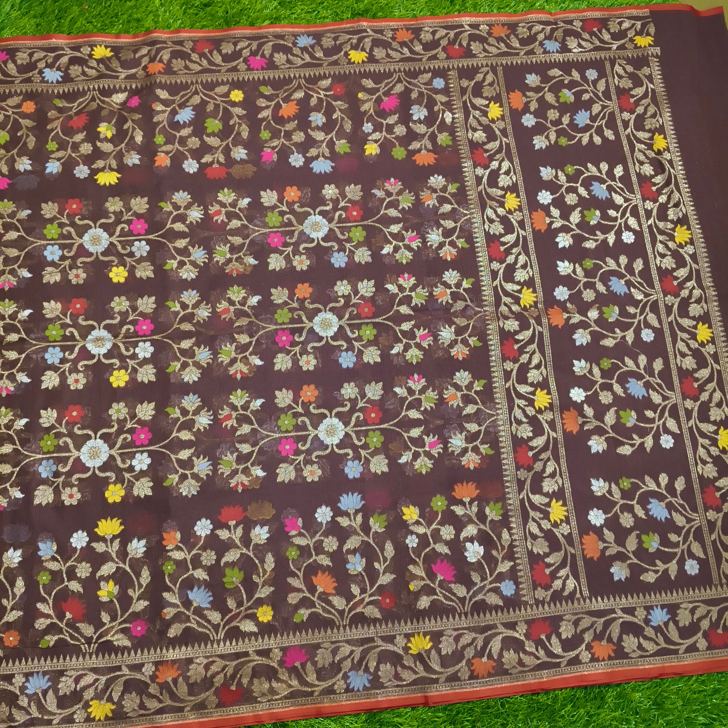 Brown pure cotton ektara tilfi jamdani cutwork jaal banarasi saree