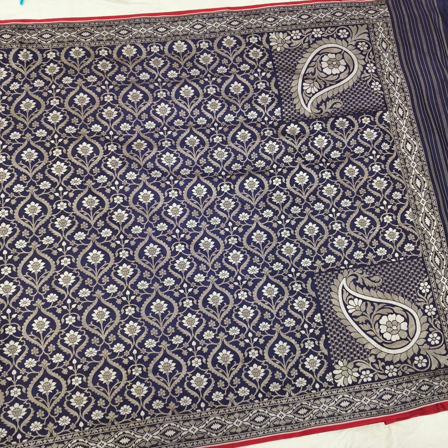 Navy blue pure katan silk ektara jamdani cutwork jaal banarasi saree