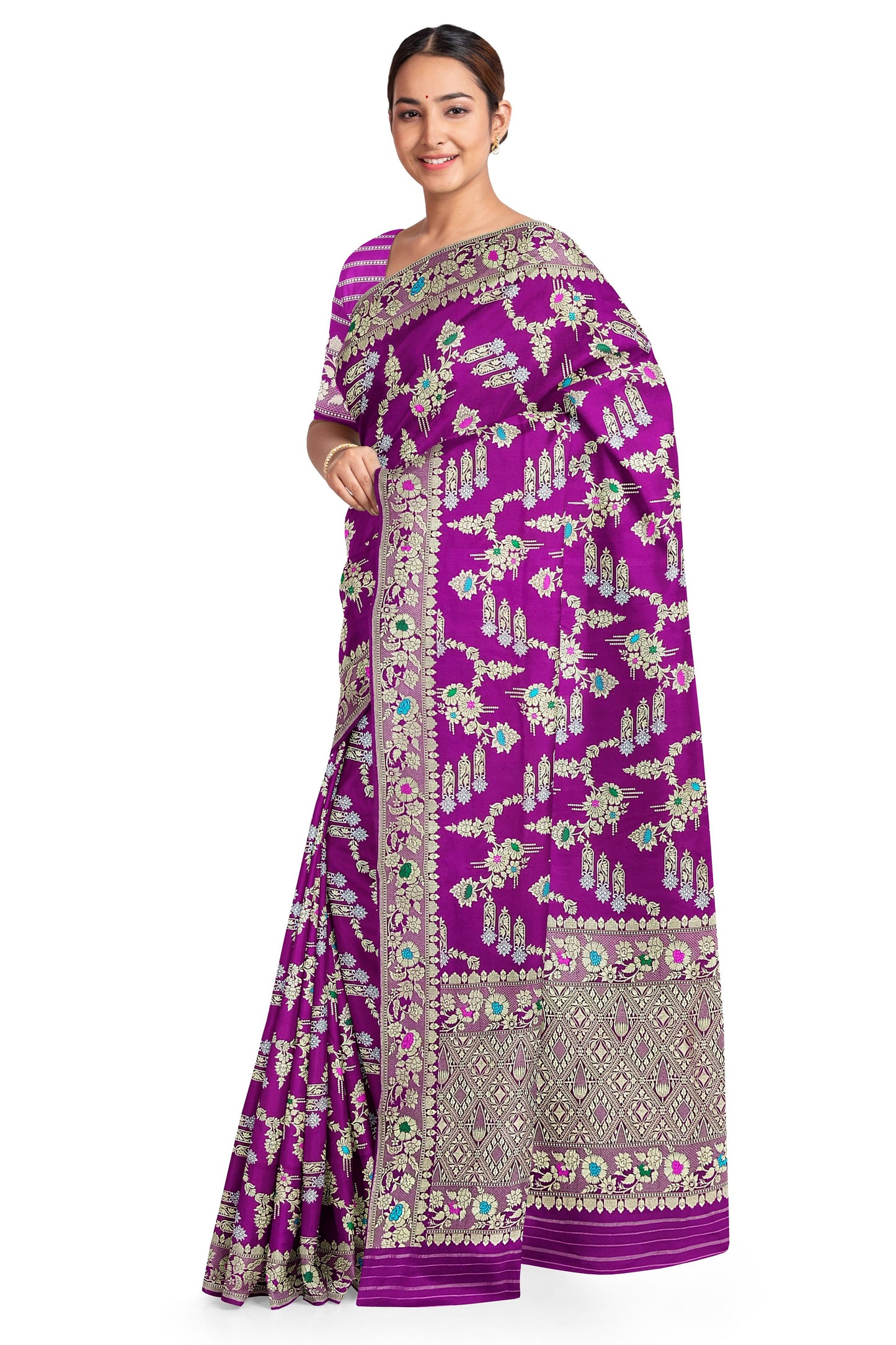Majenta Pure katan silk handvowen kadwa jaal banarasi saree