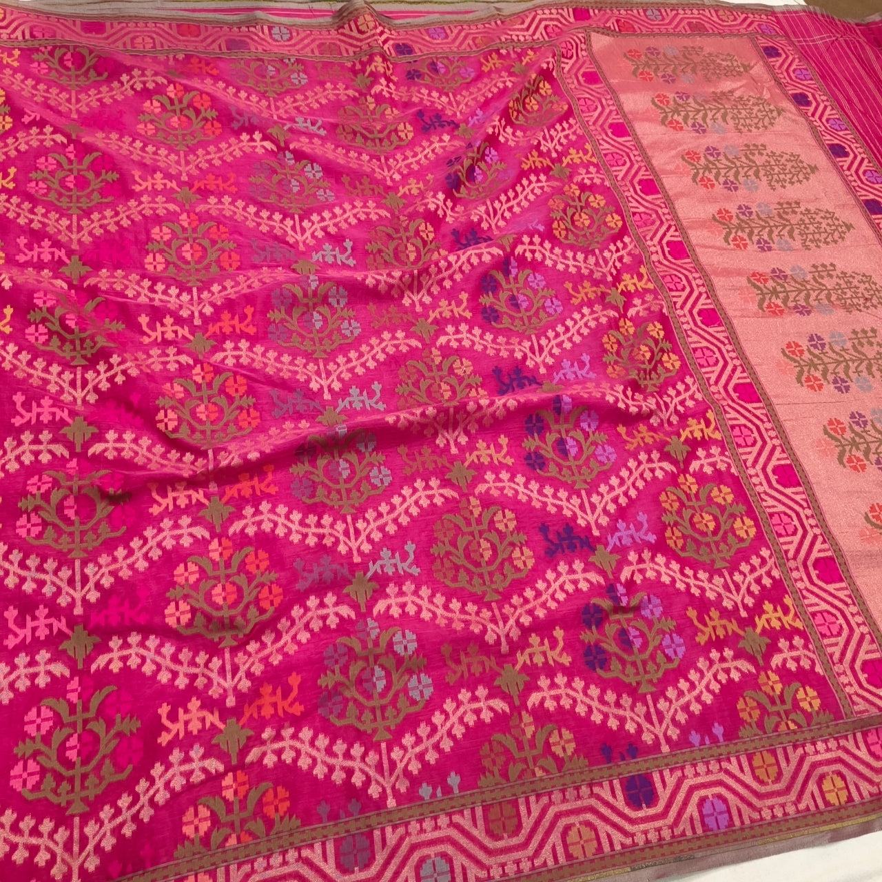 pink pure cotton jamdani cutwork jaal banarasi saree