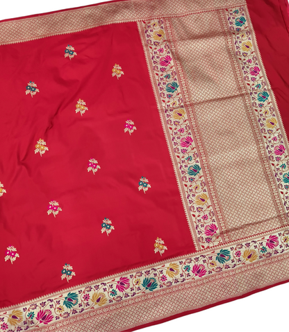 Red pure katan silk handvowen banarasi saree
