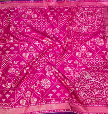 Dark pink pure katan silk ektara jamdani cutwork jaal banarasi saree