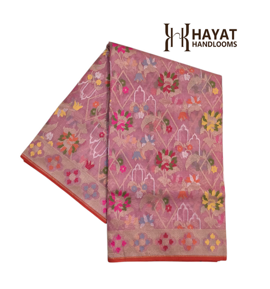 Dusty pink kora silk ektara tilfi jamdani cutwork banarasi saree