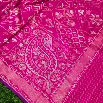 Dark pink pure katan silk ektara jamdani cutwork jaal banarasi saree
