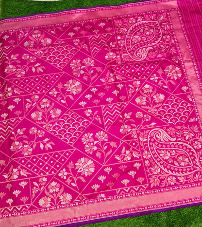 Dark pink pure katan silk ektara jamdani cutwork jaal banarasi saree
