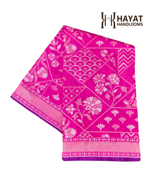 Dark pink pure katan silk ektara jamdani cutwork jaal banarasi saree