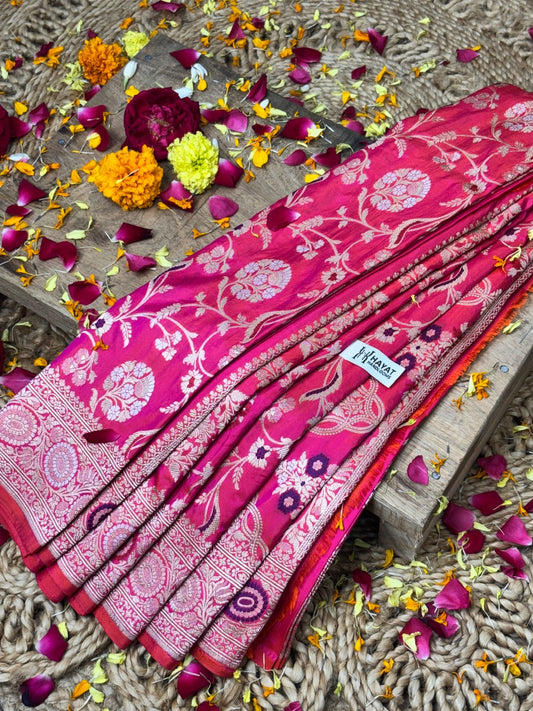 Rani Pink Banarasi Pure Katan Silk Saree | Pure Silk | Cutwork Technique | Banarasi Katan Silk Saree