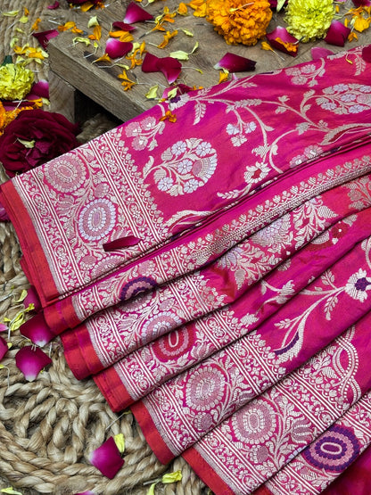 Rani Pink Banarasi Pure Katan Silk Saree | Pure Silk | Cutwork Technique | Banarasi Katan Silk Saree