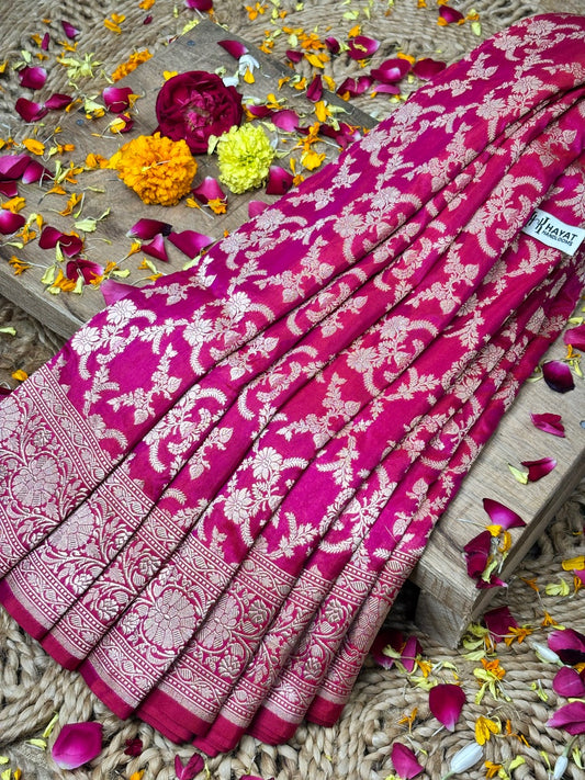Rani Pink Banarasi Pure Katan Silk Saree | Pure Silk | Cutwork Technique | Banarasi Katan Silk Saree