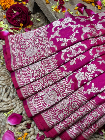 Rani Pink Banarasi Pure Katan Silk Saree | Pure Silk | Cutwork Technique | Banarasi Katan Silk Saree