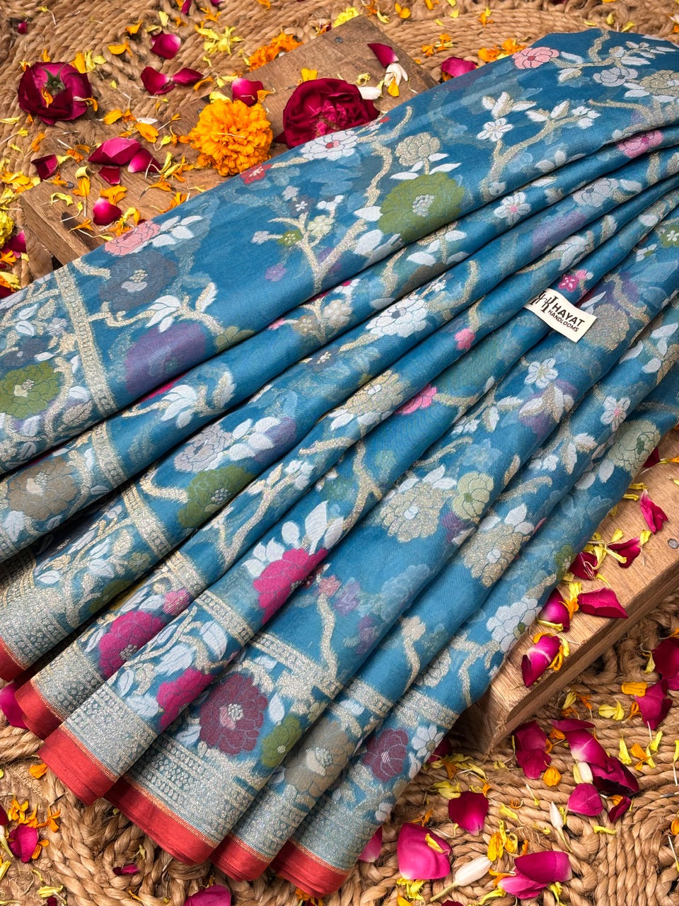 Teal Blue Banarasi Kora Jamdani Silk Handwoven Saree
