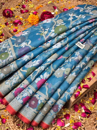 Teal Blue Banarasi Kora Jamdani Silk Handwoven Saree